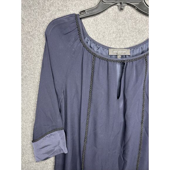 ST JOHN Size P Navy Blue 100% Silk Blouse Shirt Loop Detail 3/4 Length Sleeve - Picture 2 of 8